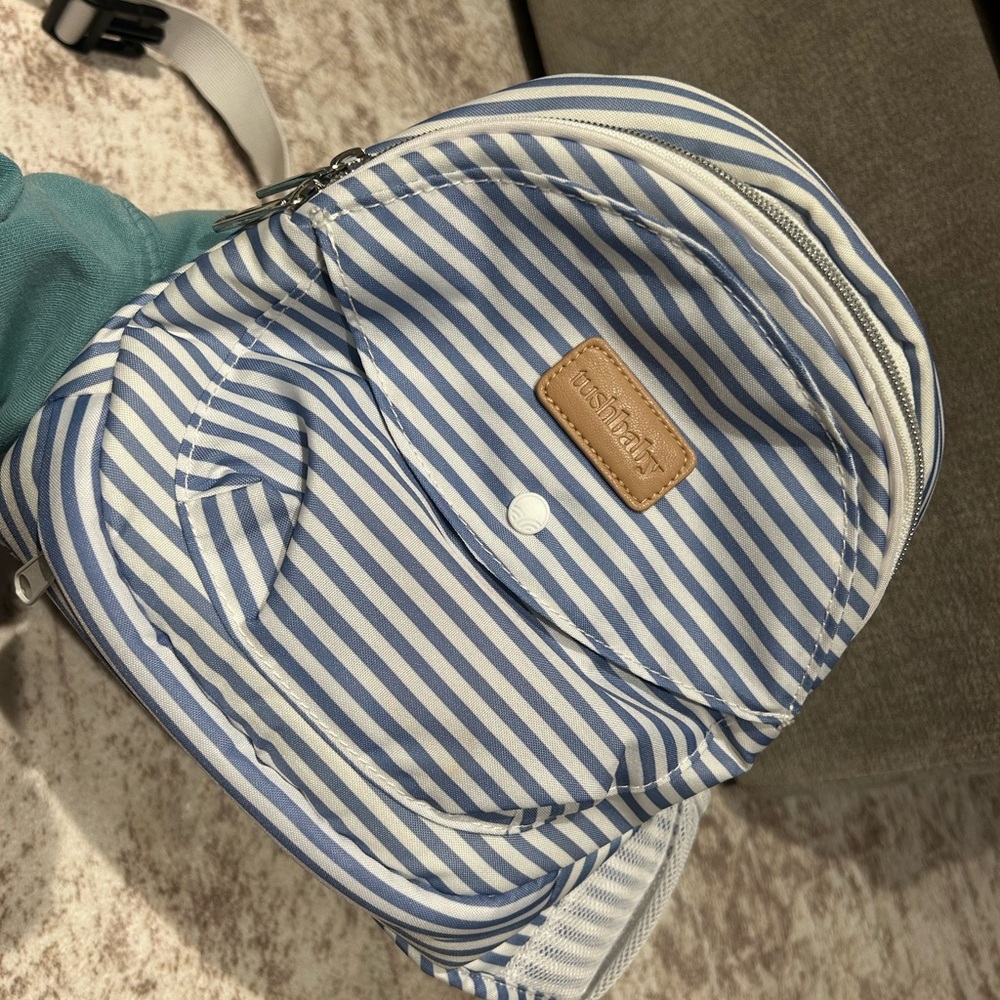 Blue and White Striped Tushbaby baby hip carrying
